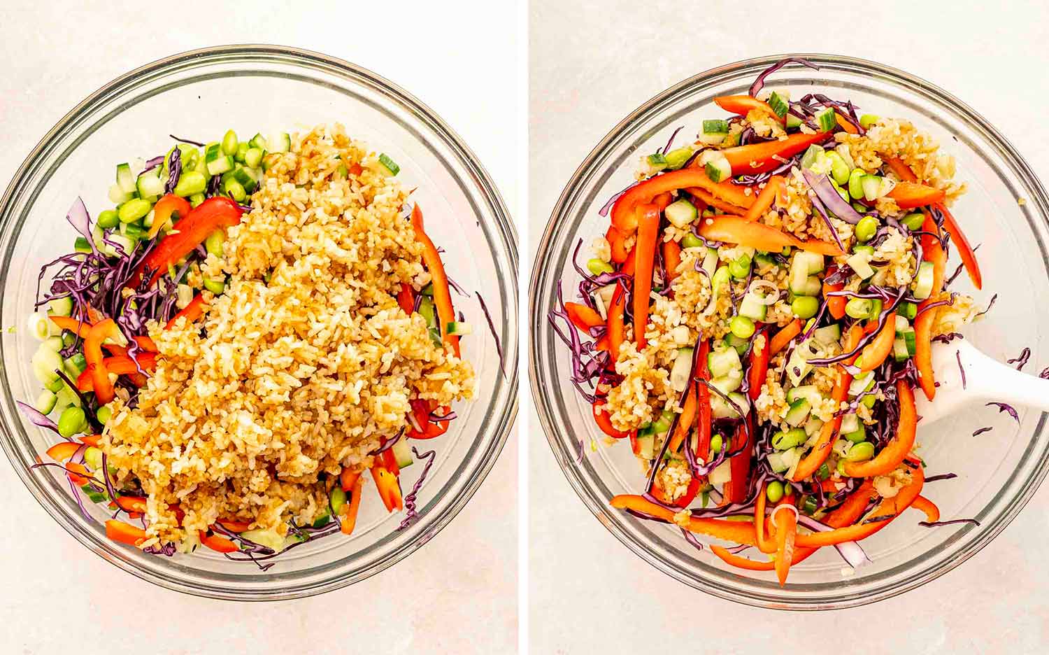 process shots showing how to make crispy rice salad.