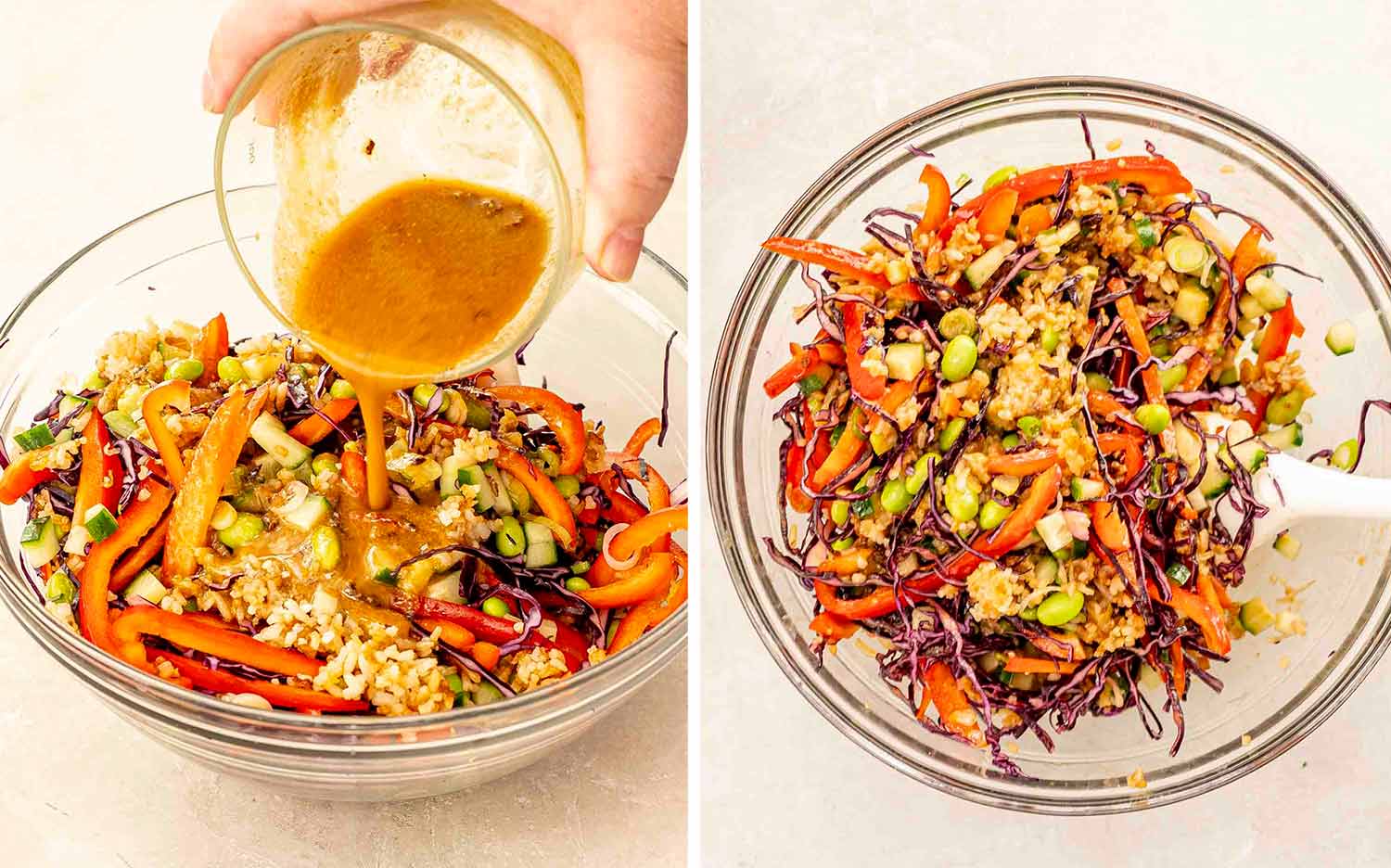 process shots showing how to make crispy rice salad.