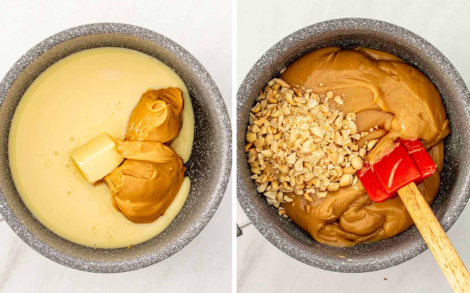 process shots showing how to make snickers bites.