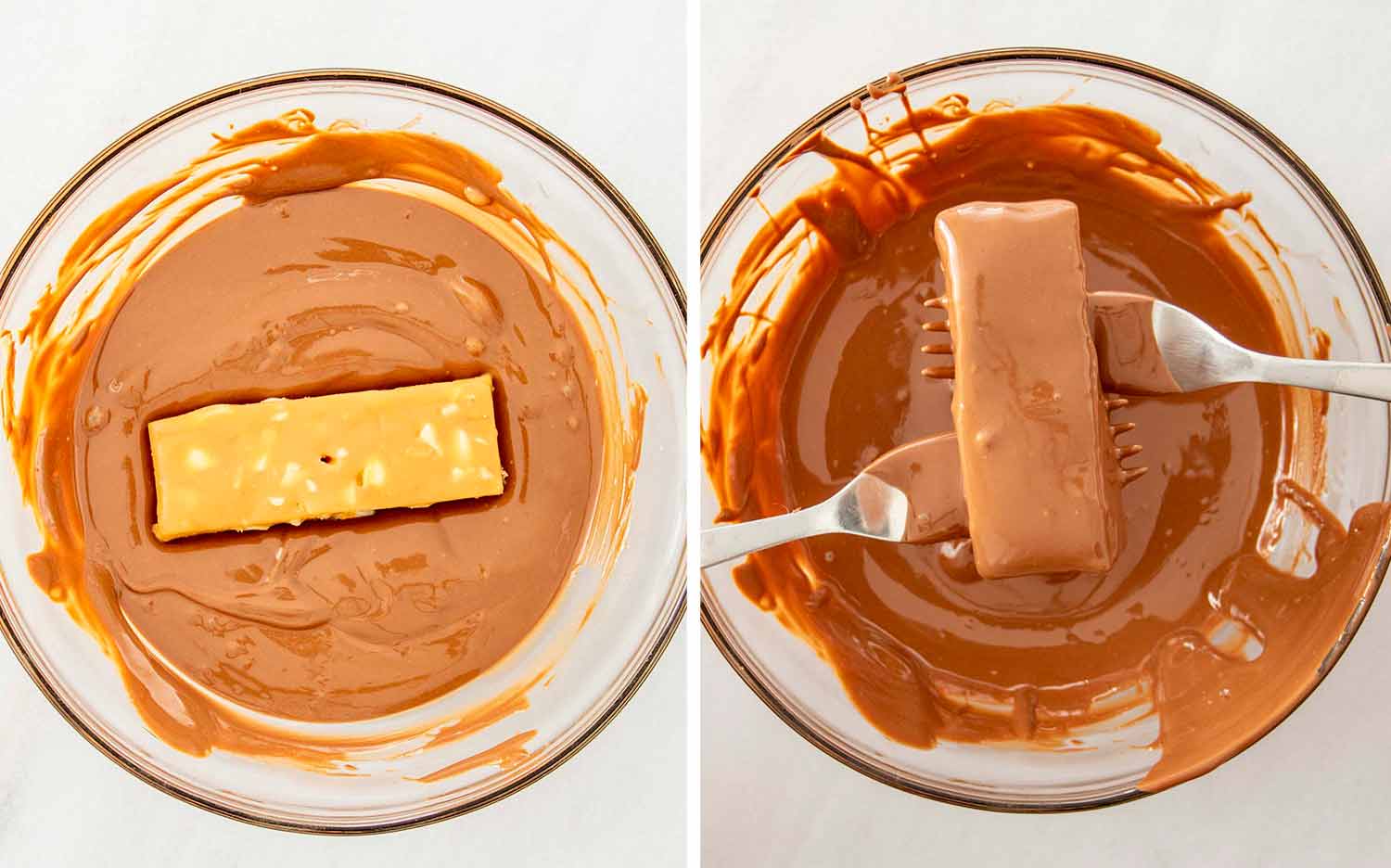 process shots showing how to make snickers bites.