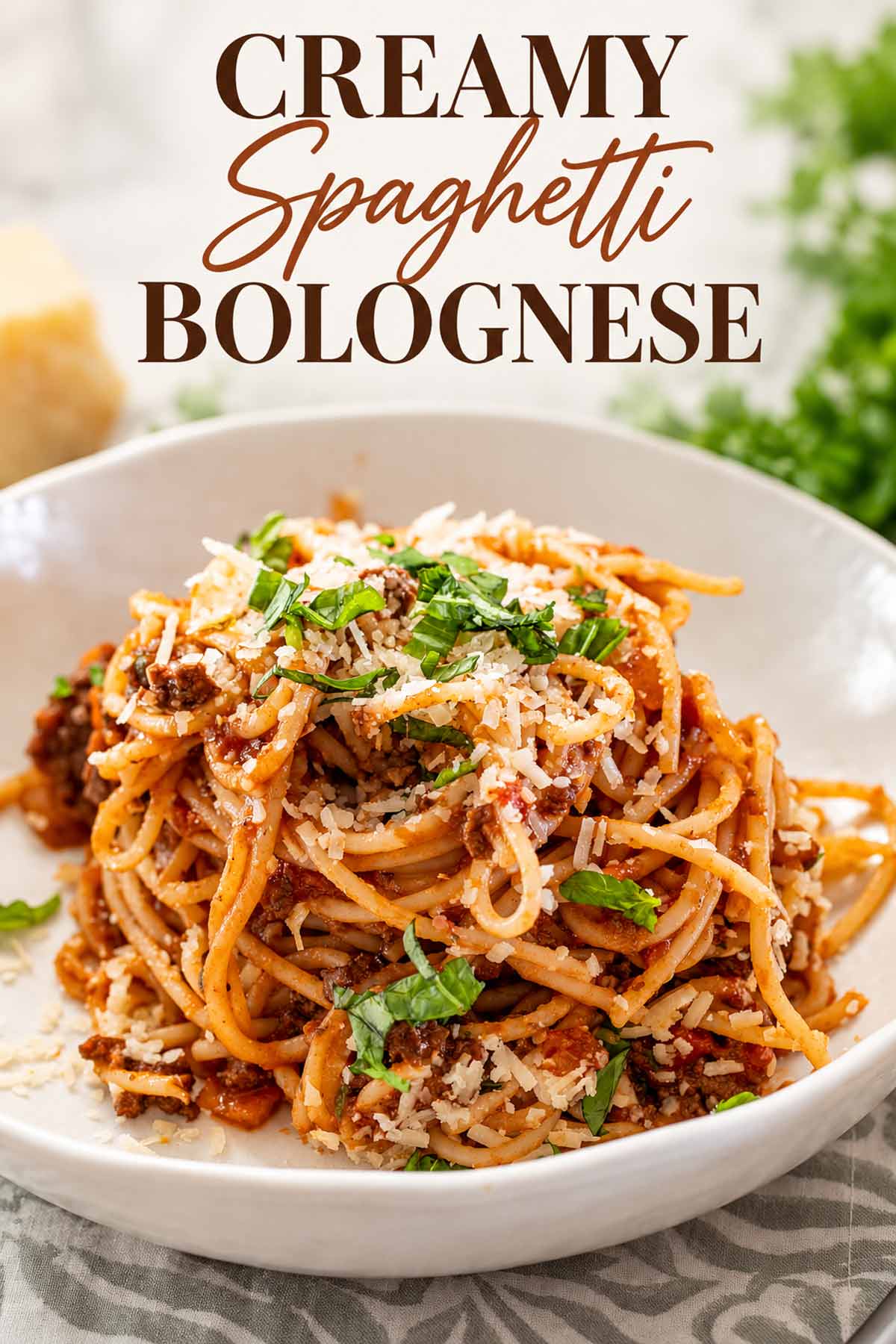 Creamy spaghetti Bolognese topped with Parmesan and fresh basil, with an elegant recipe title displayed above the bowl.