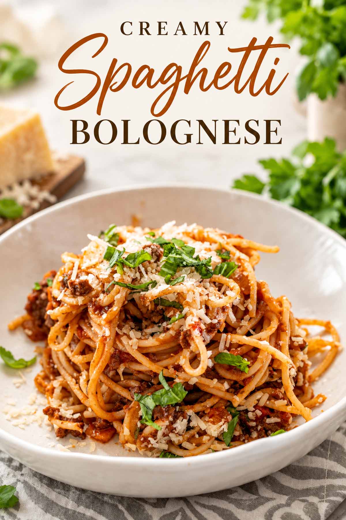 Creamy spaghetti Bolognese topped with Parmesan and fresh basil, with an elegant recipe title displayed above the bowl.