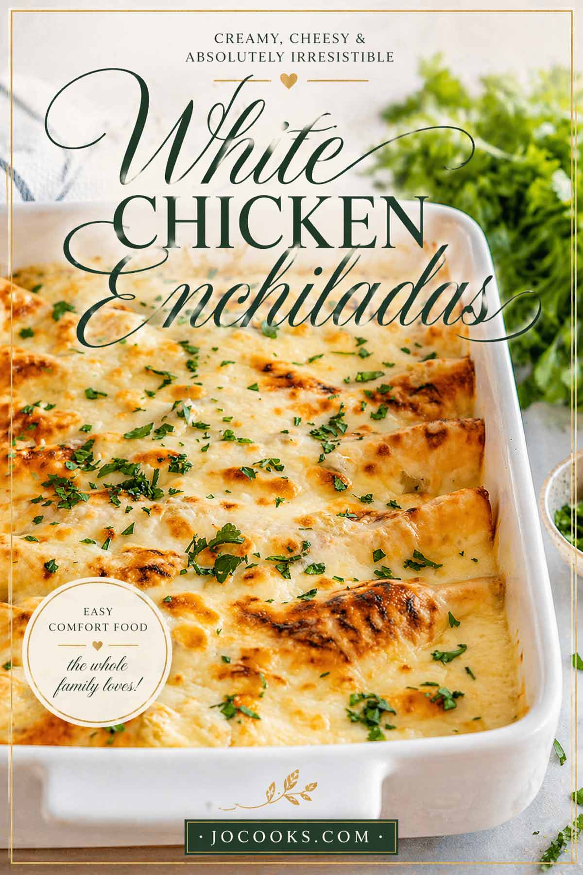 Vertical Pinterest pin design for white chicken enchiladas showing bubbly melted cheese and fresh herbs in a white casserole dish.