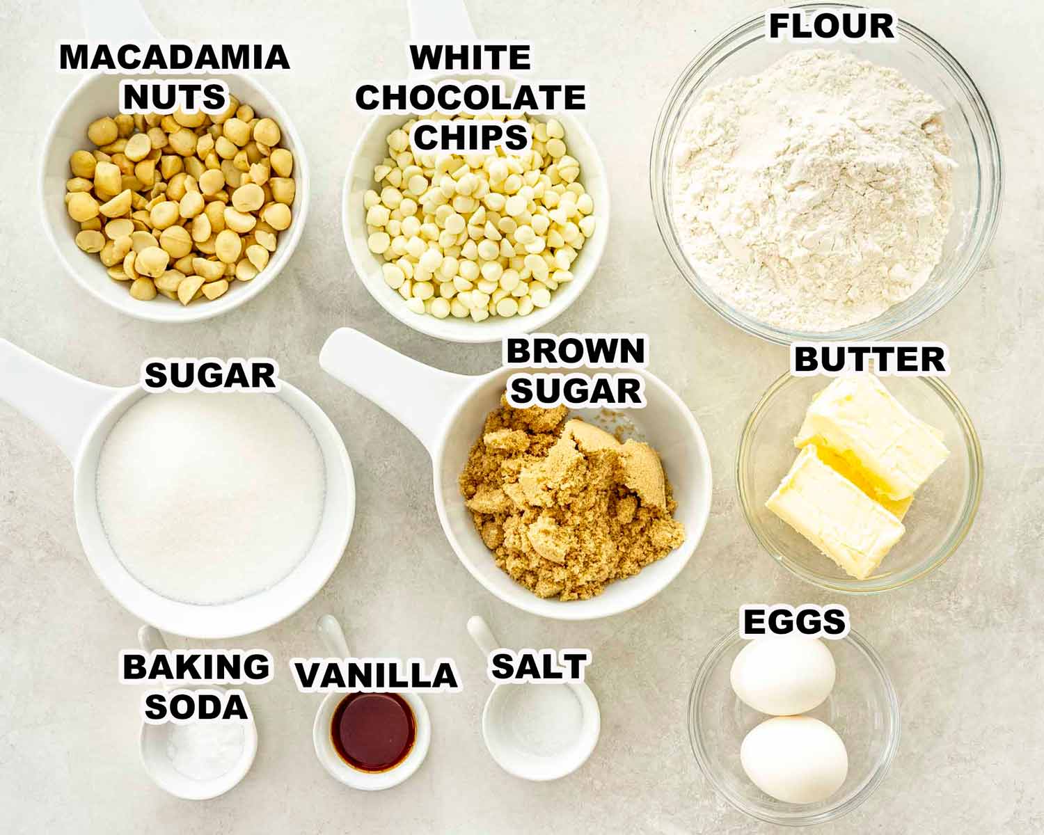 ingredients needed to make white chocolate macadamia nut cookies.