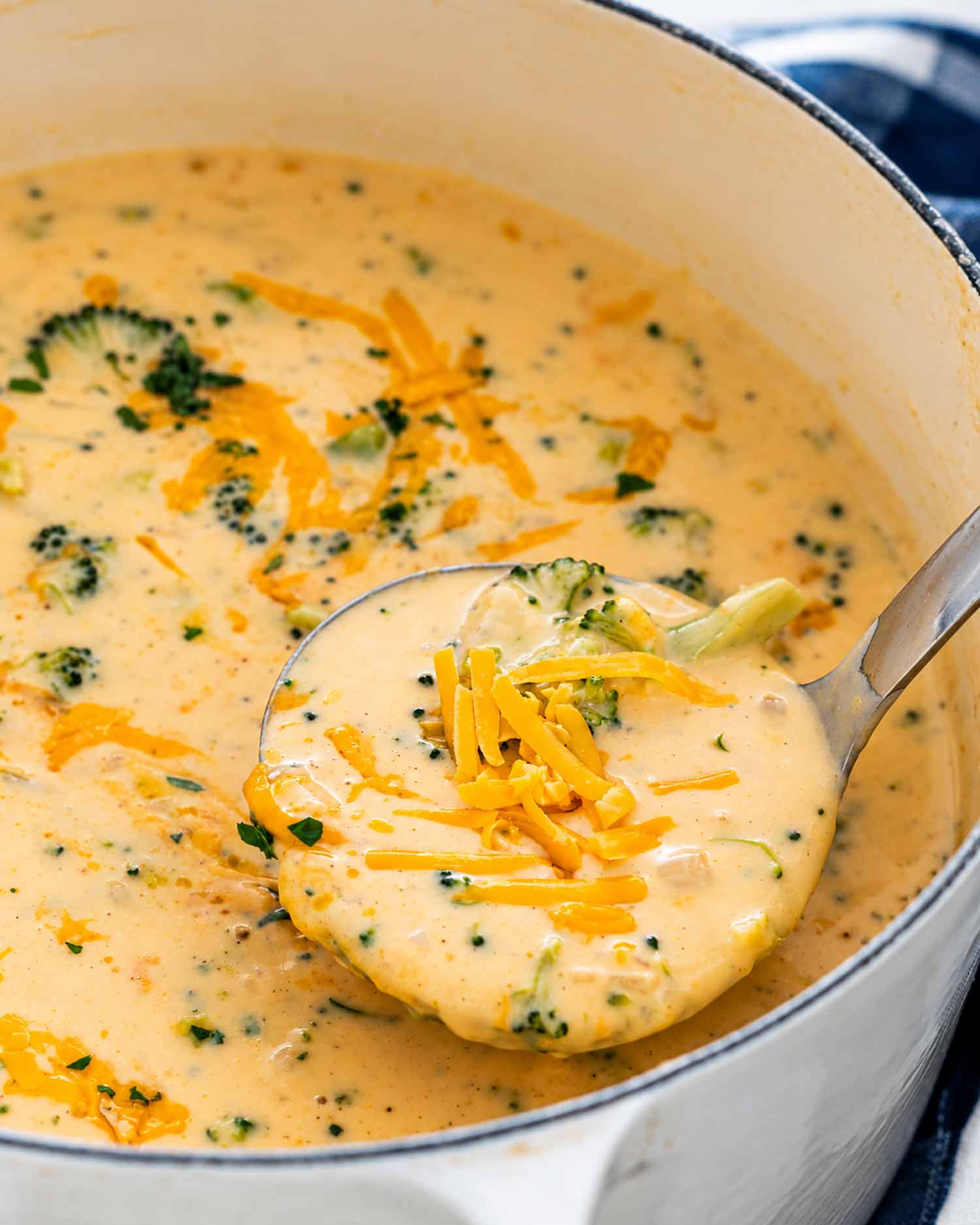 Creamy broccoli cheddar soup in an enamel pot, with a full ladle topped with shredded cheddar and broccoli florets.