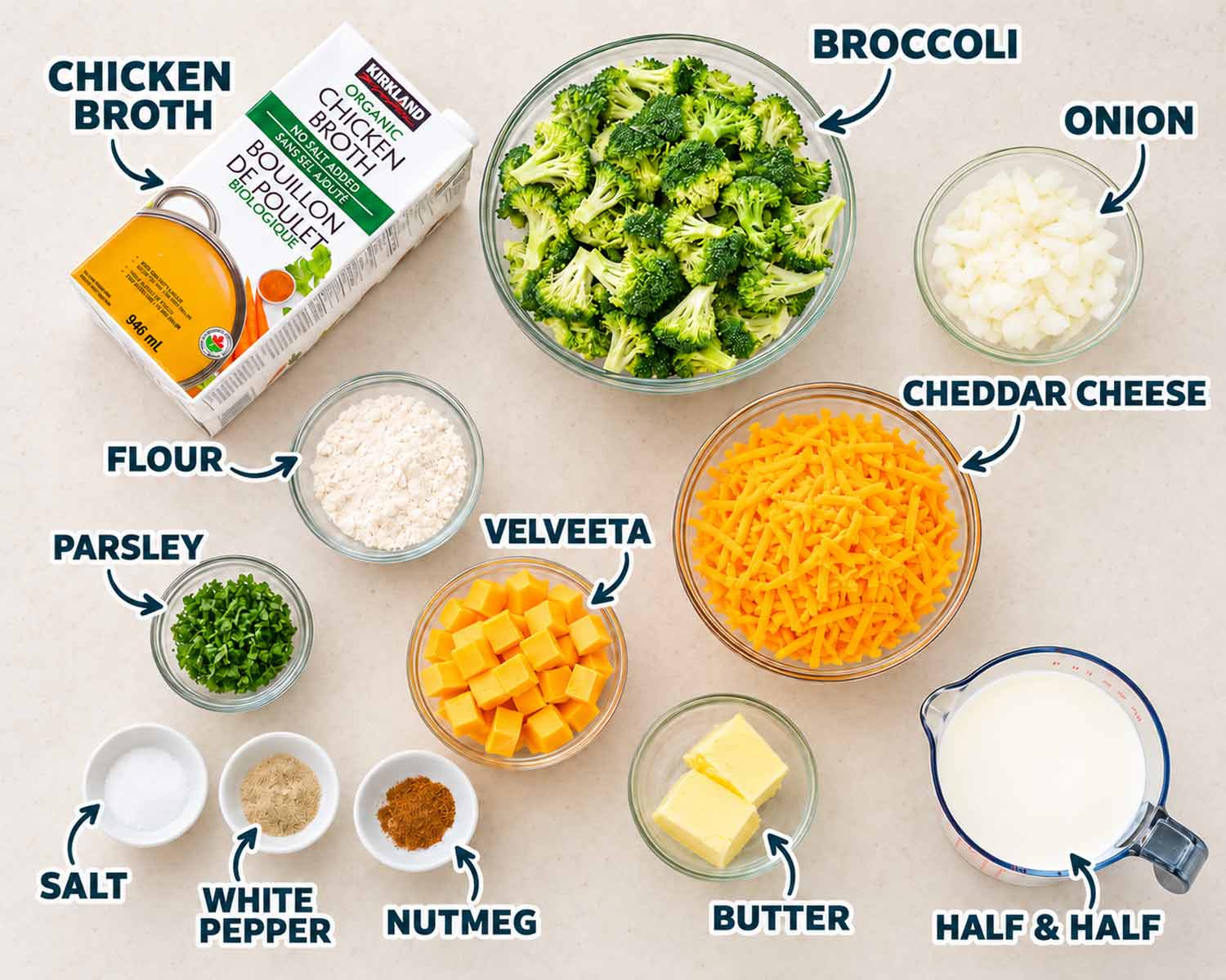 ingredients needed for broccoli cheddar soup.
