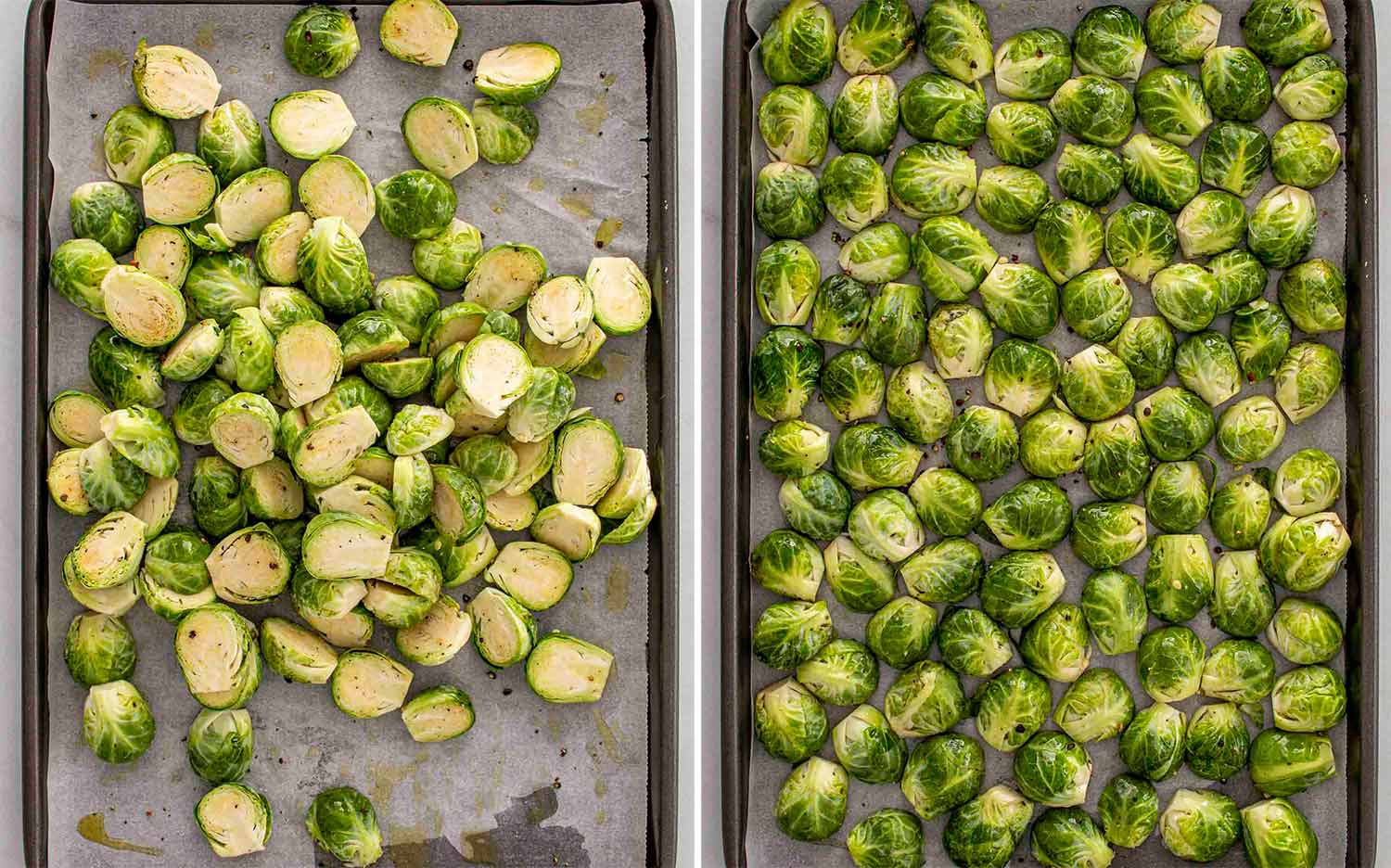 process shots showing how to make maple dijon roasted brussels sprouts.
