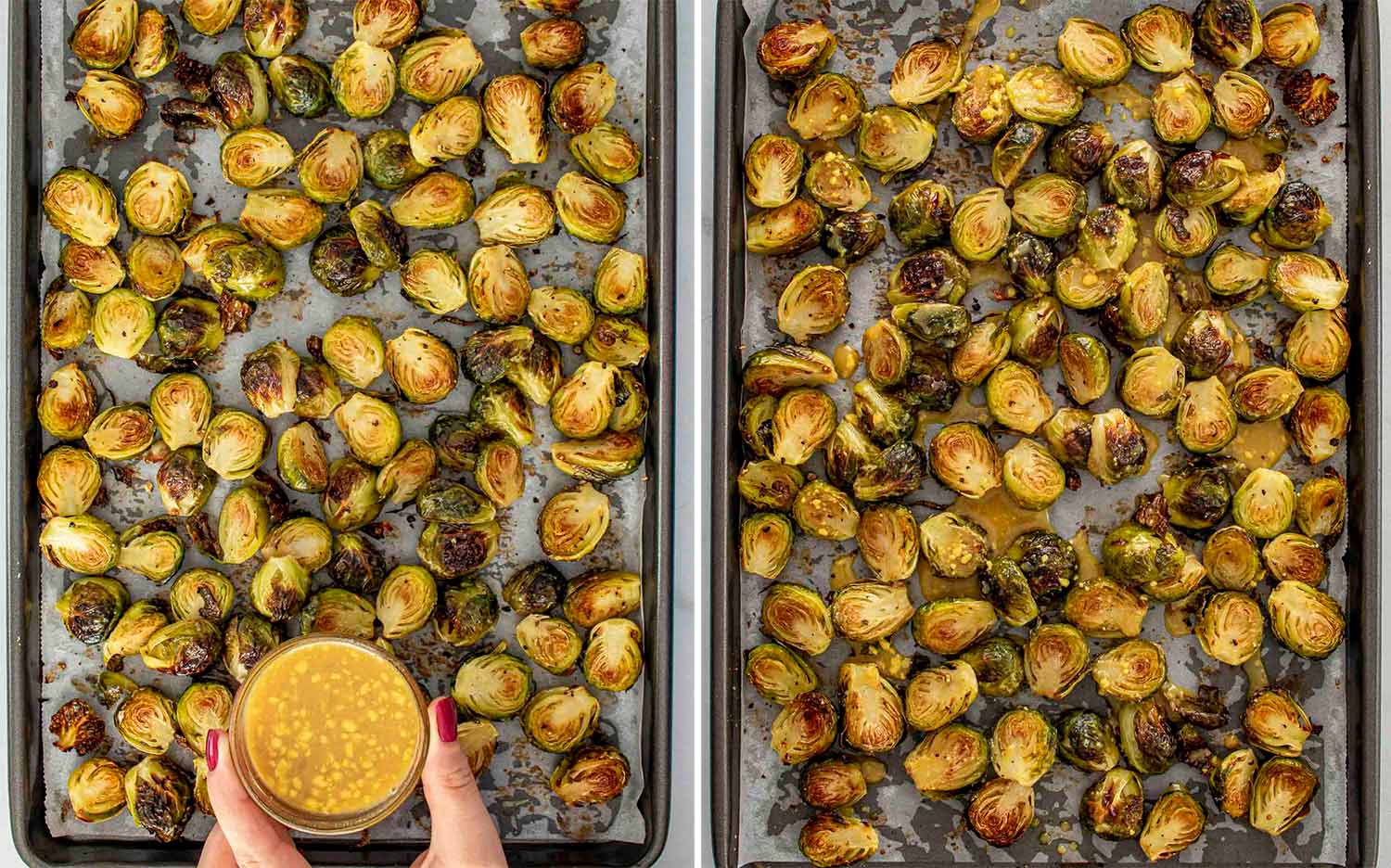 process shots showing how to make maple dijon roasted brussels sprouts.