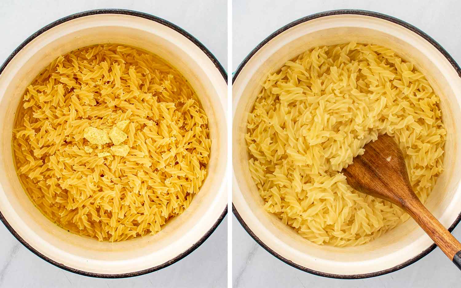 process shots showing how to make cafeteria noodles.