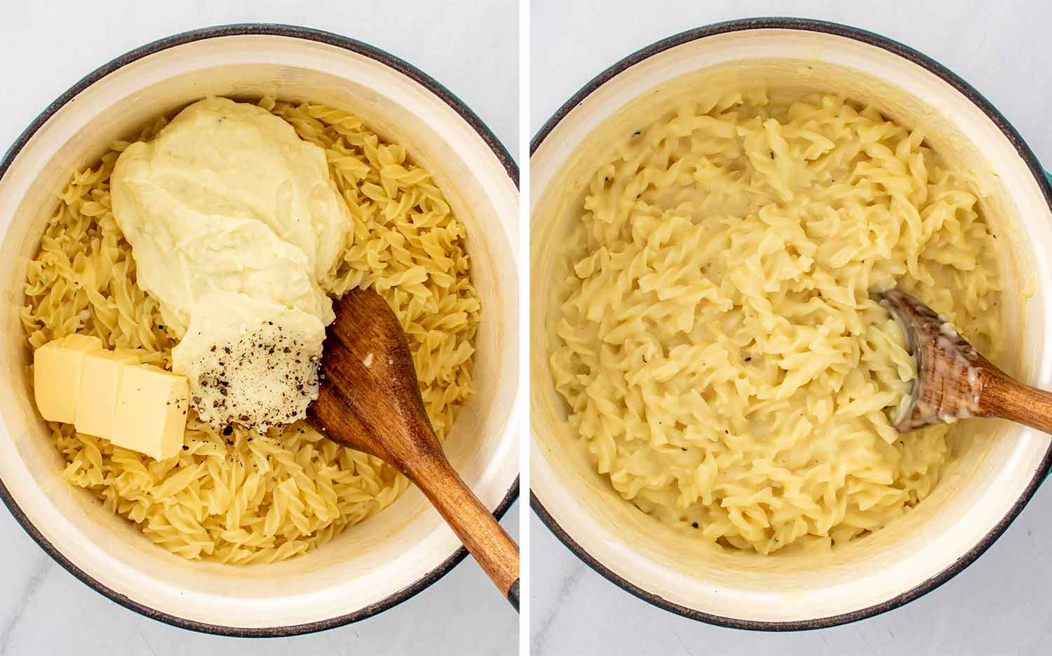 process shots showing how to make cafeteria noodles.