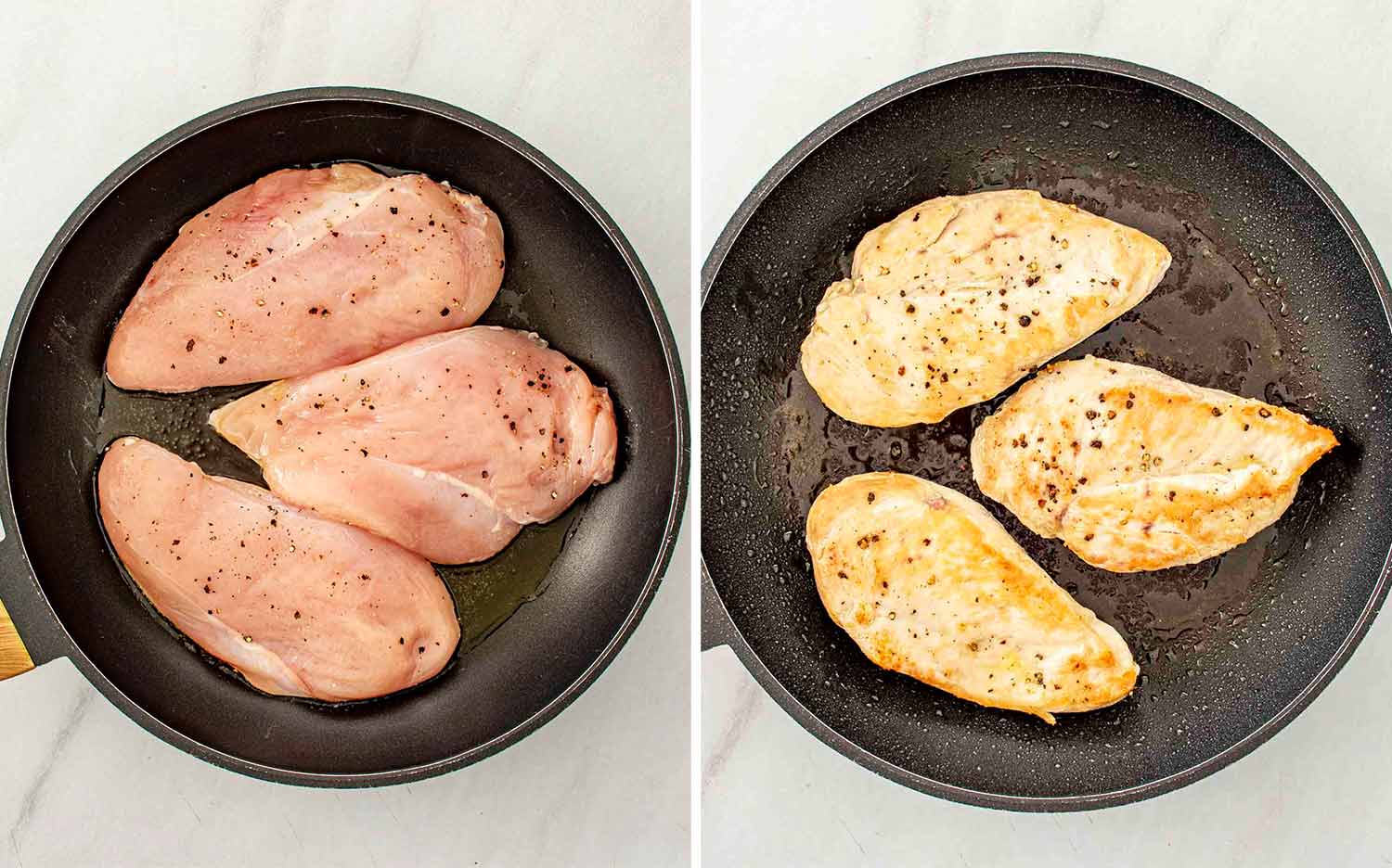 Chicken breasts searing in a skillet until lightly golden to lock in moisture before wrapping in puff pastry.
