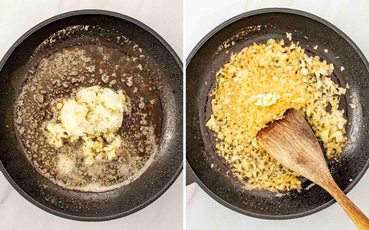 Aromatic onions and garlic sautéing in melted butter to build flavor for the mushroom mixture.