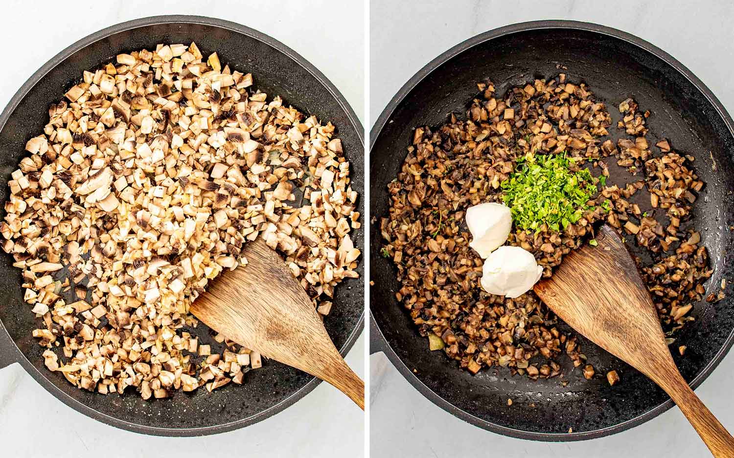Finely chopped mushrooms sautéing in a skillet then mixed with cream cheese and parsley to form the duxelle filling.