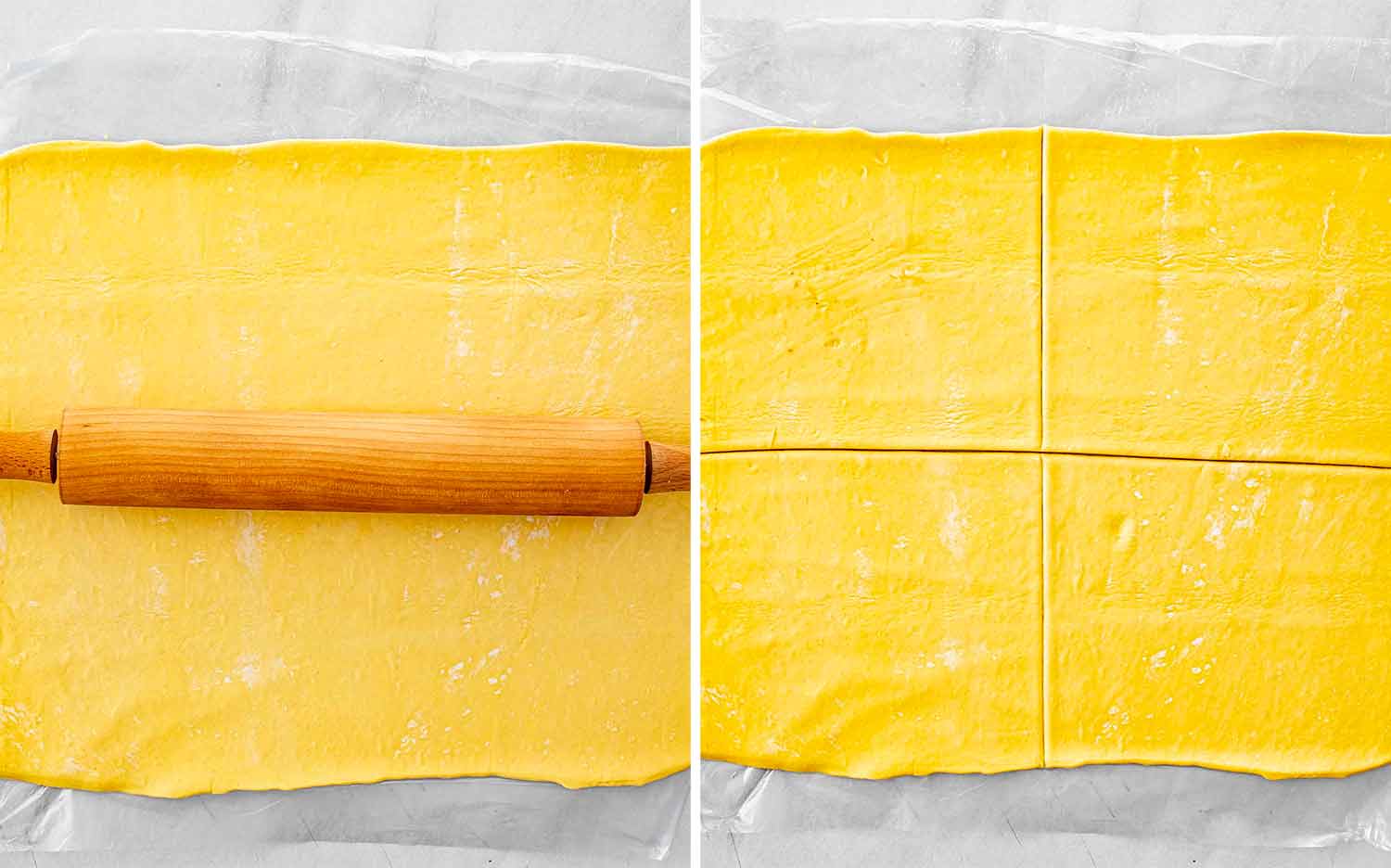 Puff pastry sheet being rolled out and sliced into four squares ready to wrap the chicken breasts.