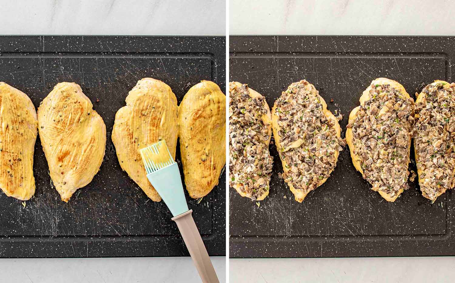 Seared chicken breasts brushed with Dijon mustard and topped generously with mushroom mixture before wrapping in puff pastry.