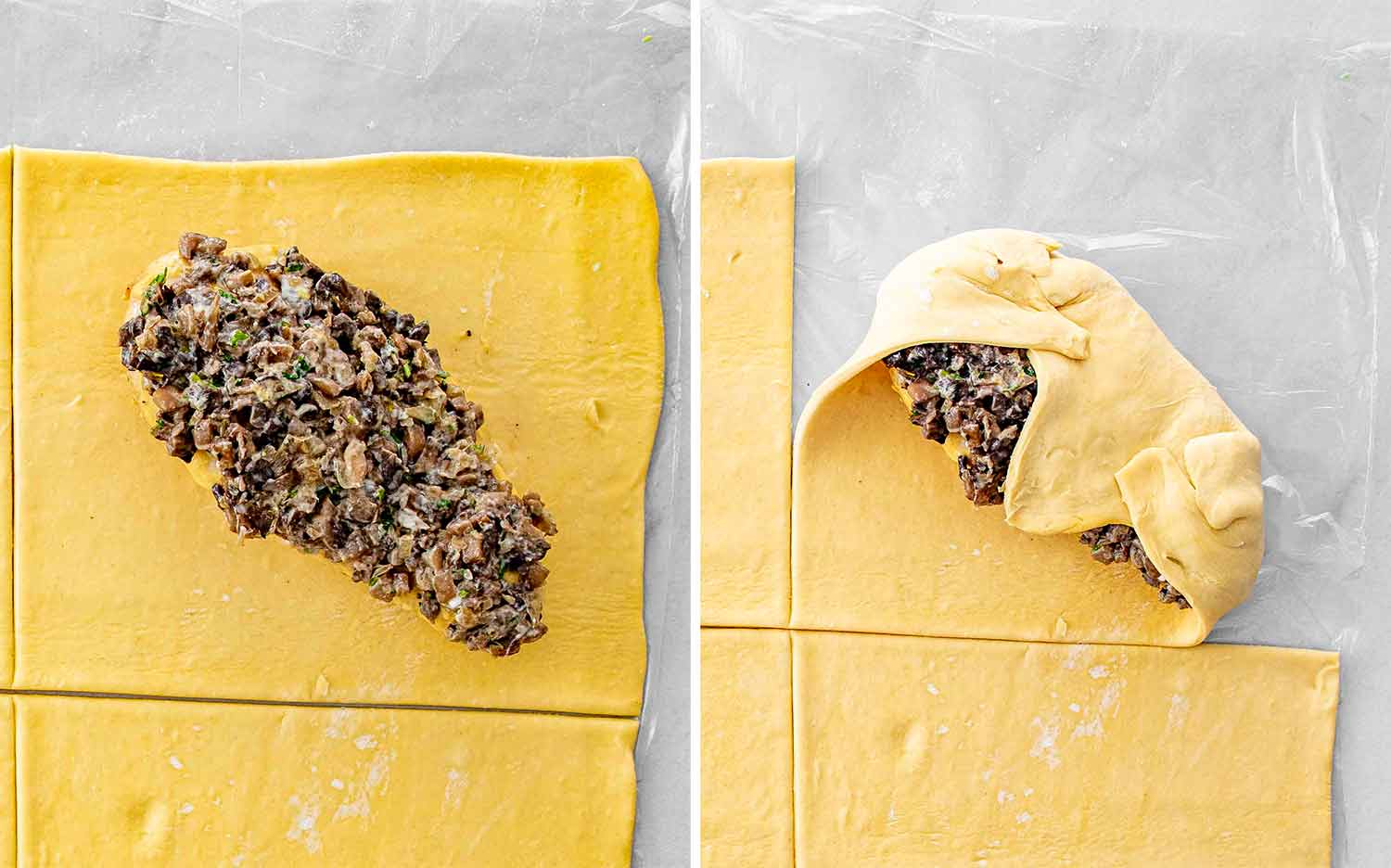 Puff pastry squares being filled with savory mushroom mixture and folded over chicken to form individual Wellingtons.