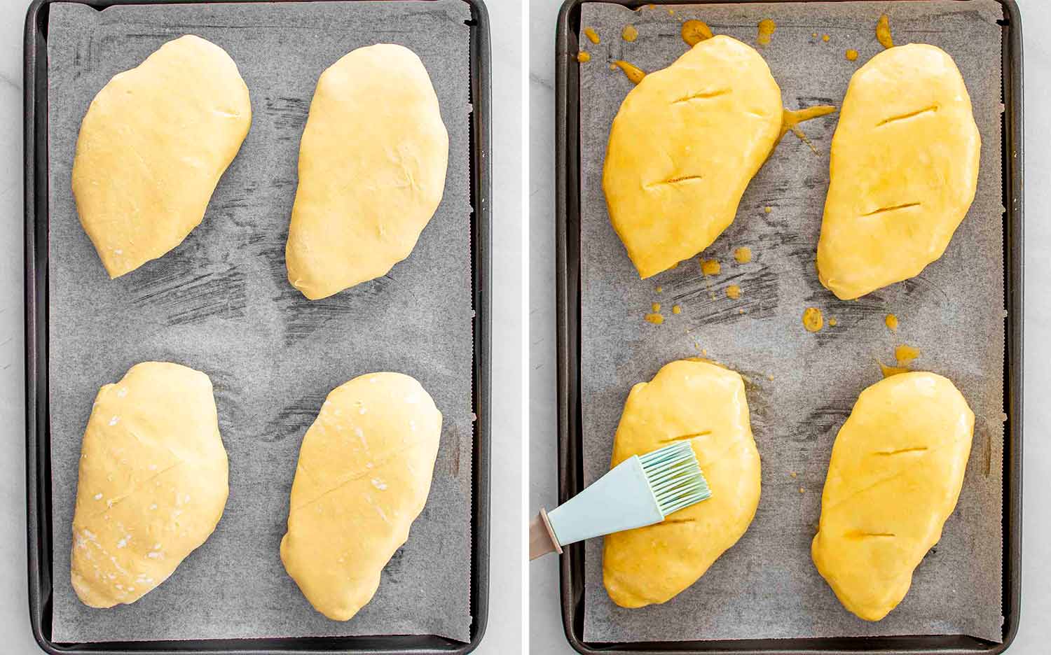 Unbaked chicken Wellingtons on a sheet pan shown before and after brushing with egg wash for golden color.