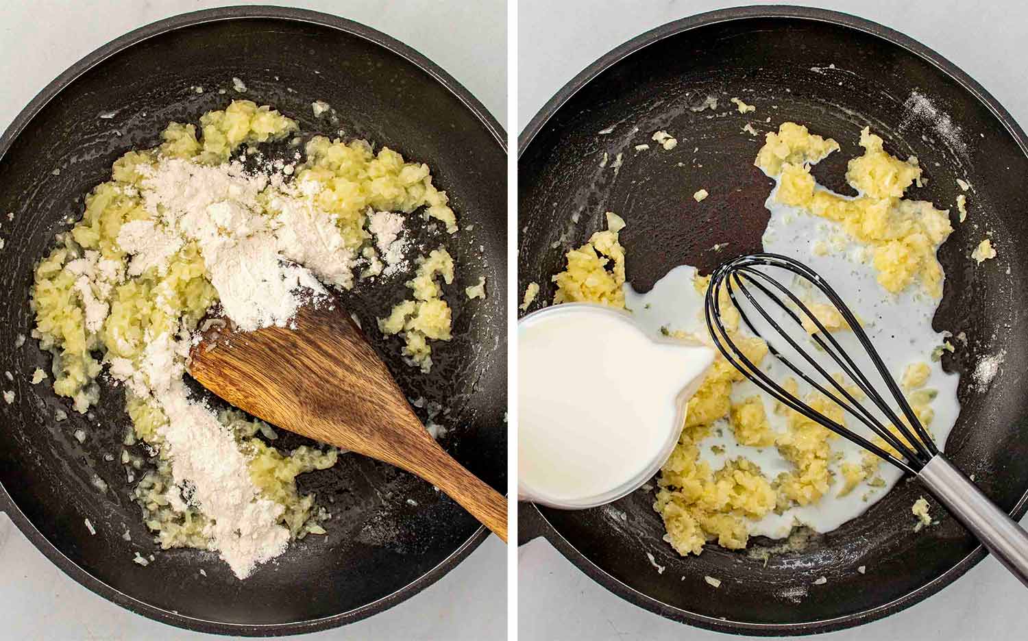 process shots showing how to make creamed spinach gratin.
