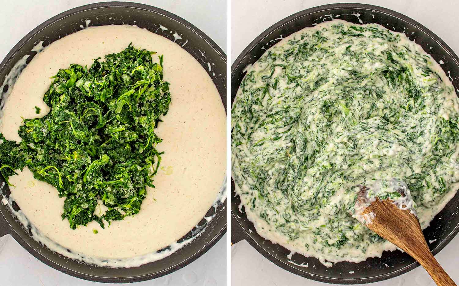 process shots showing how to make creamed spinach gratin.