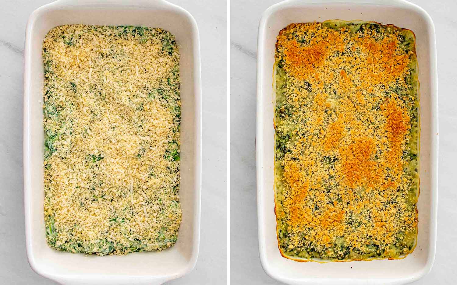 process shots showing how to make creamed spinach gratin.