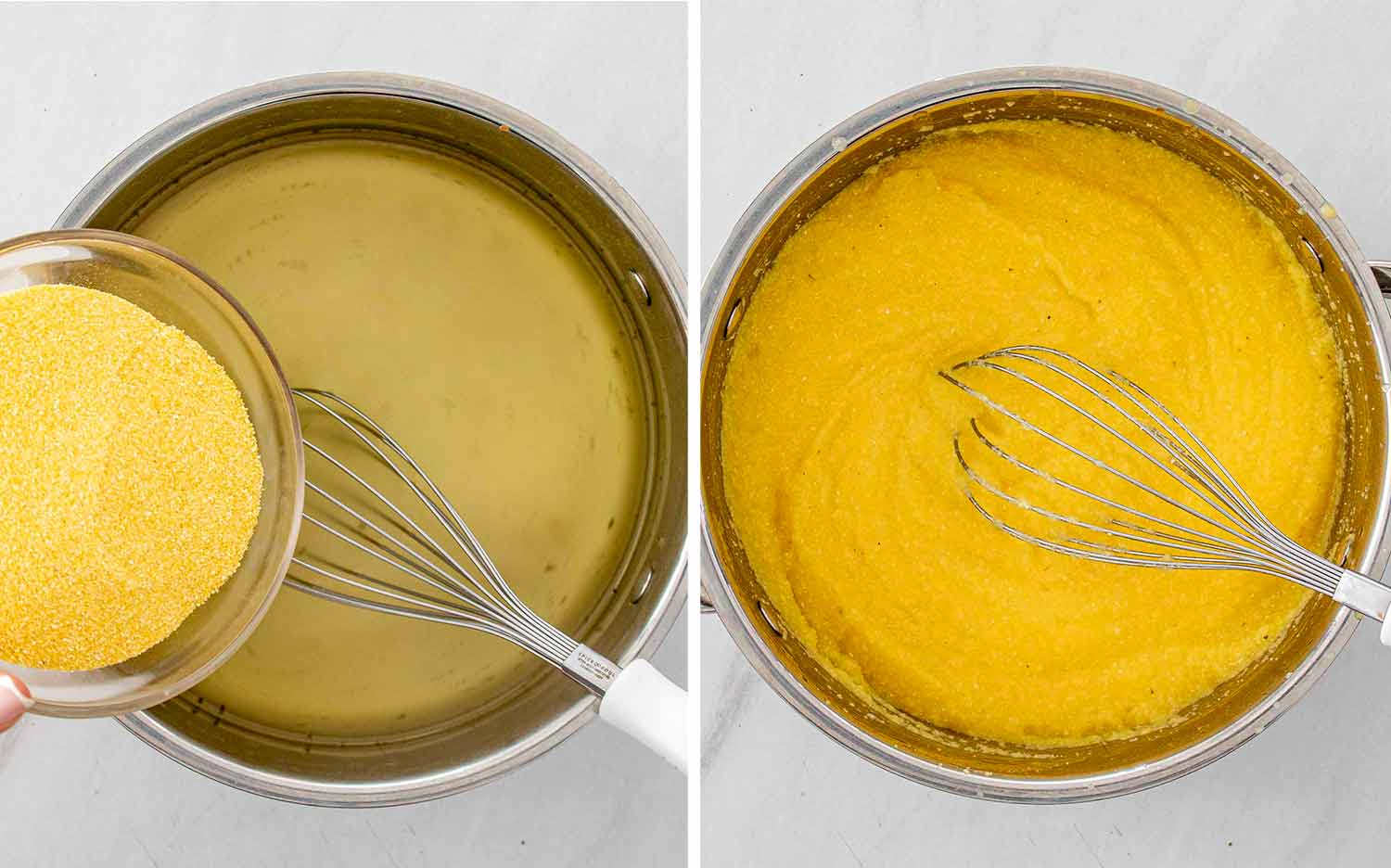 process shots showing how to make creamy parmesan polenta with mushrooms.