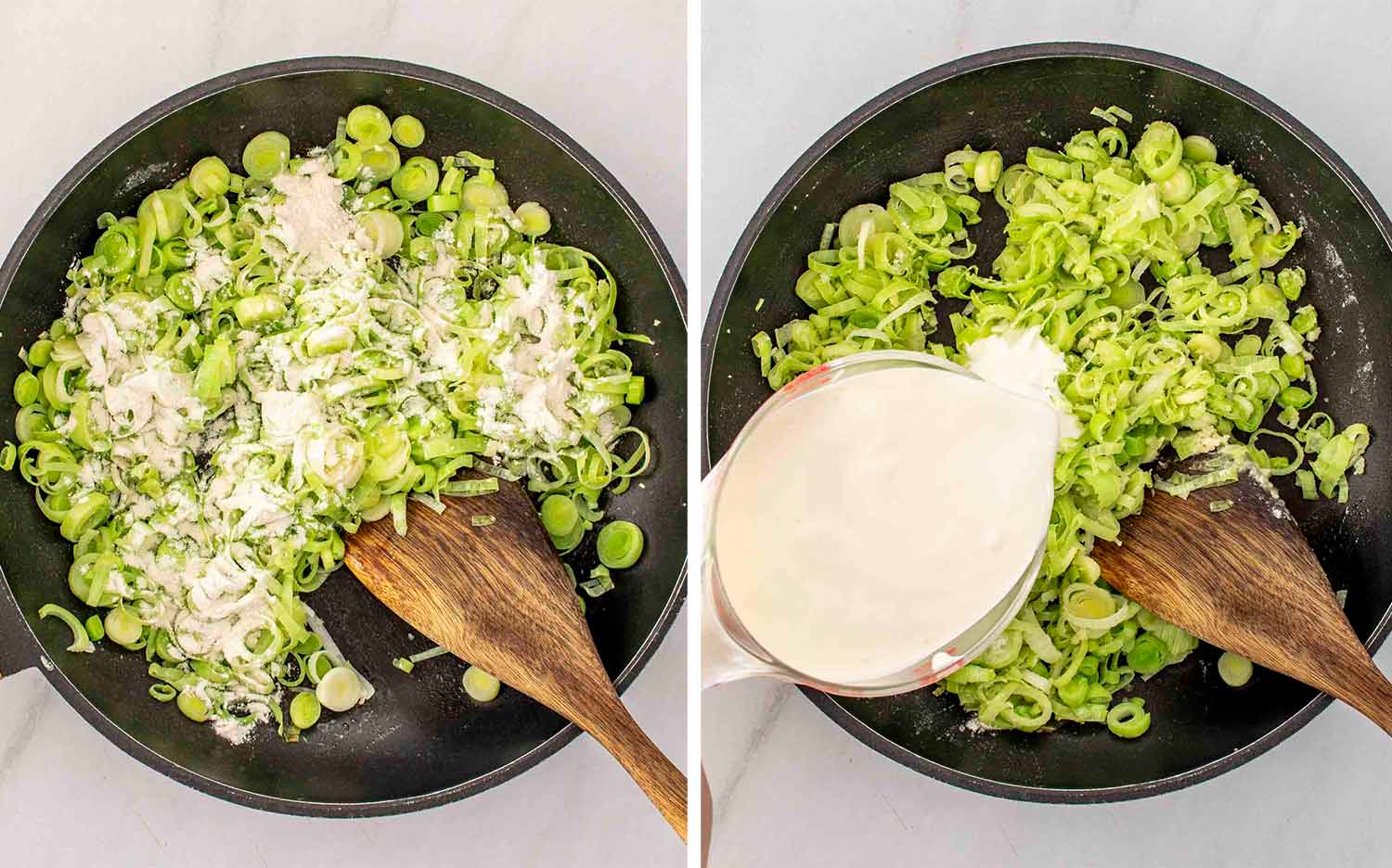 process shots showing how to make gruyere leeks scalloped potatoes.