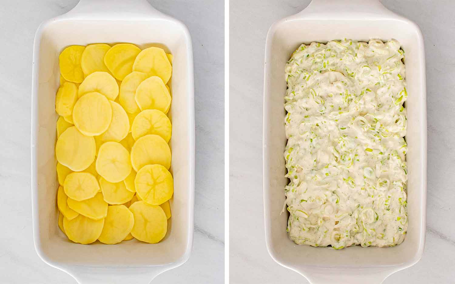 process shots showing how to make gruyere leeks scalloped potatoes.