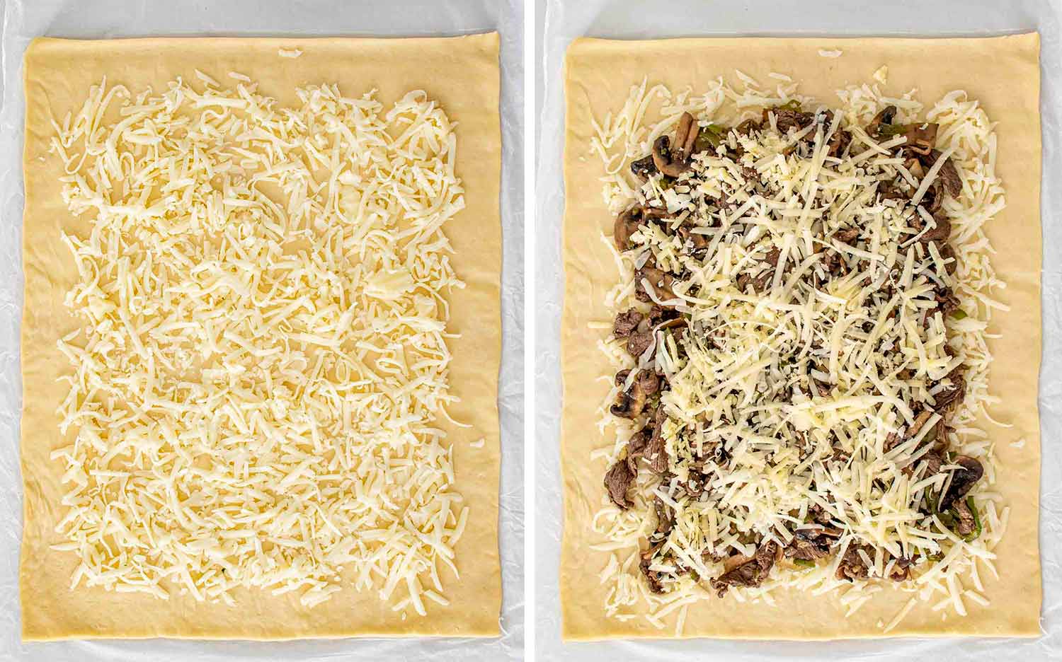 process shots showing how to make Philly cheesesteak stromboli.