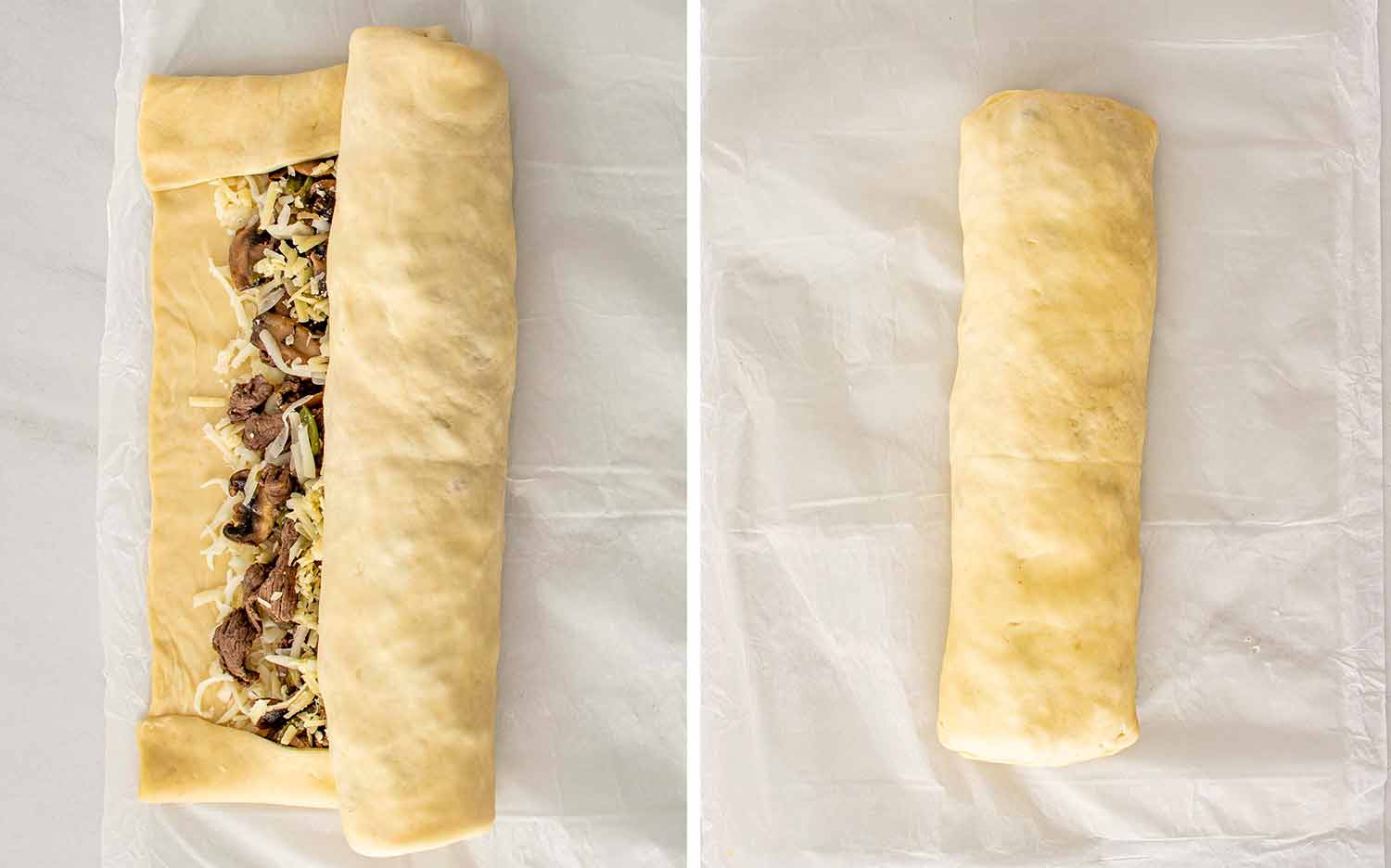 process shots showing how to make Philly cheesesteak stromboli.