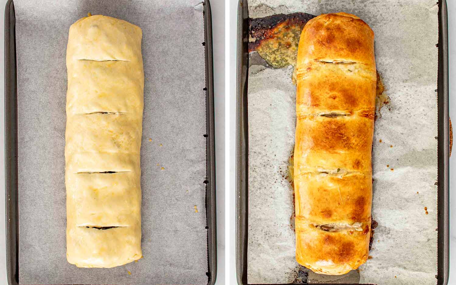 process shots showing how to make Philly cheesesteak stromboli.