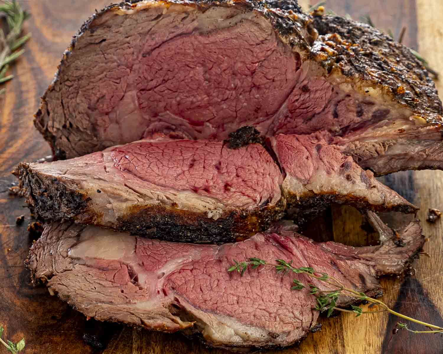 prime rib roast on a cutting board.