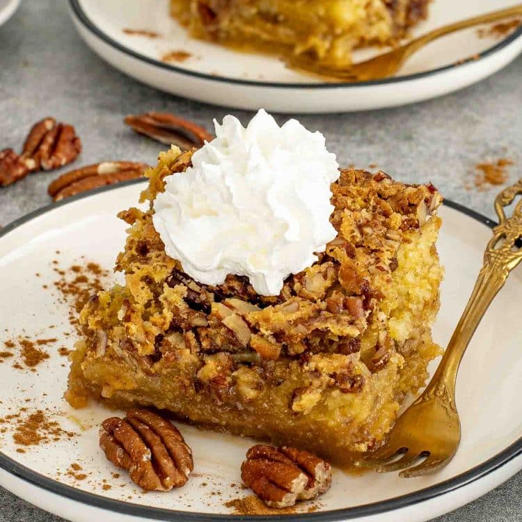 Pumpkin pecan gooey cake slice topped with whipped cream, showing crunchy pecan topping and soft gooey center.