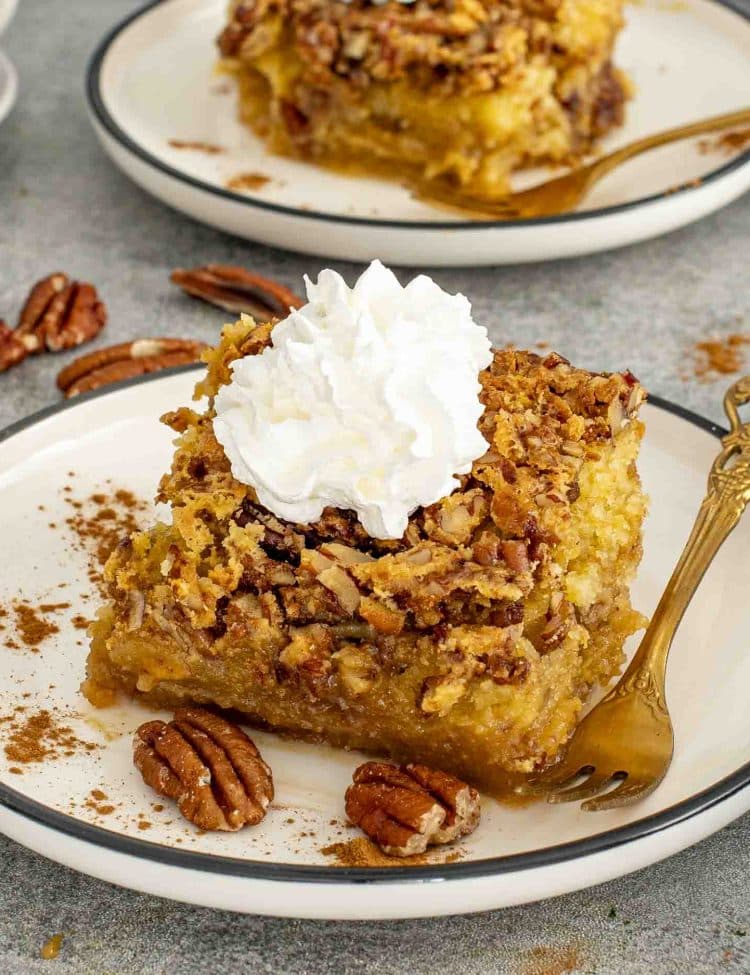 Pumpkin pecan gooey cake slice topped with whipped cream, showing crunchy pecan topping and soft gooey center.
