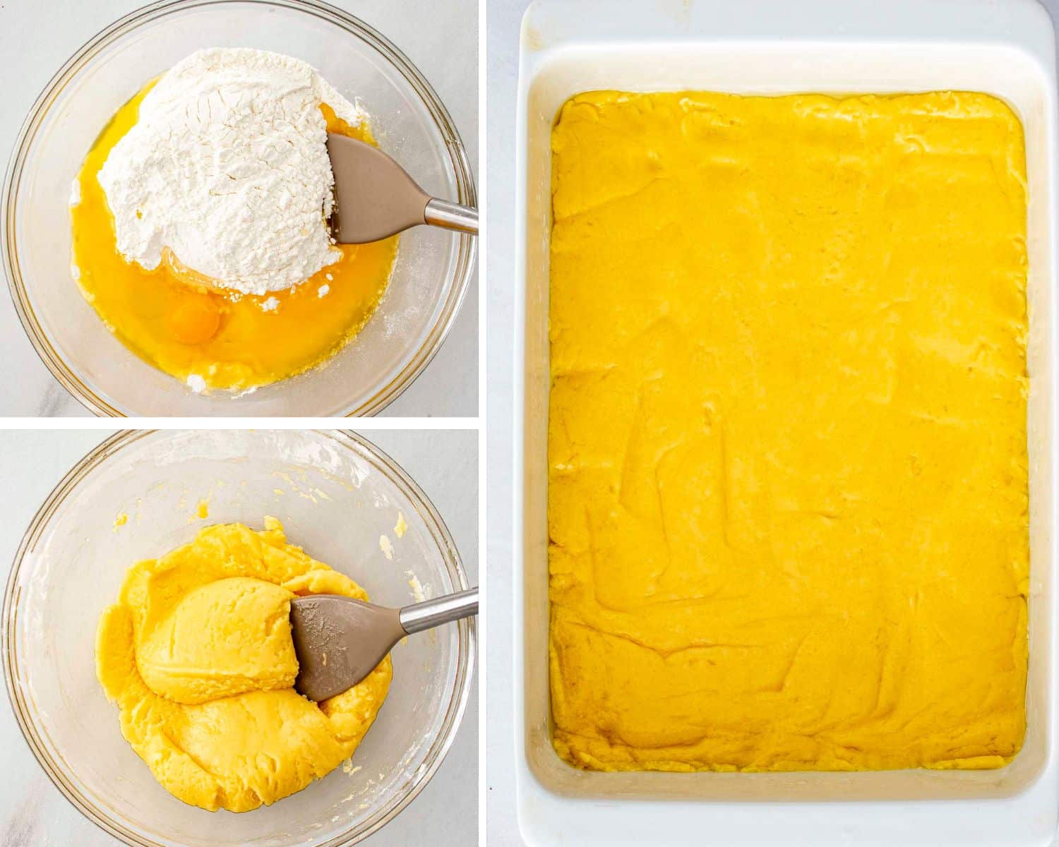 process shots showing how to make pumpkin pecan gooey cake.