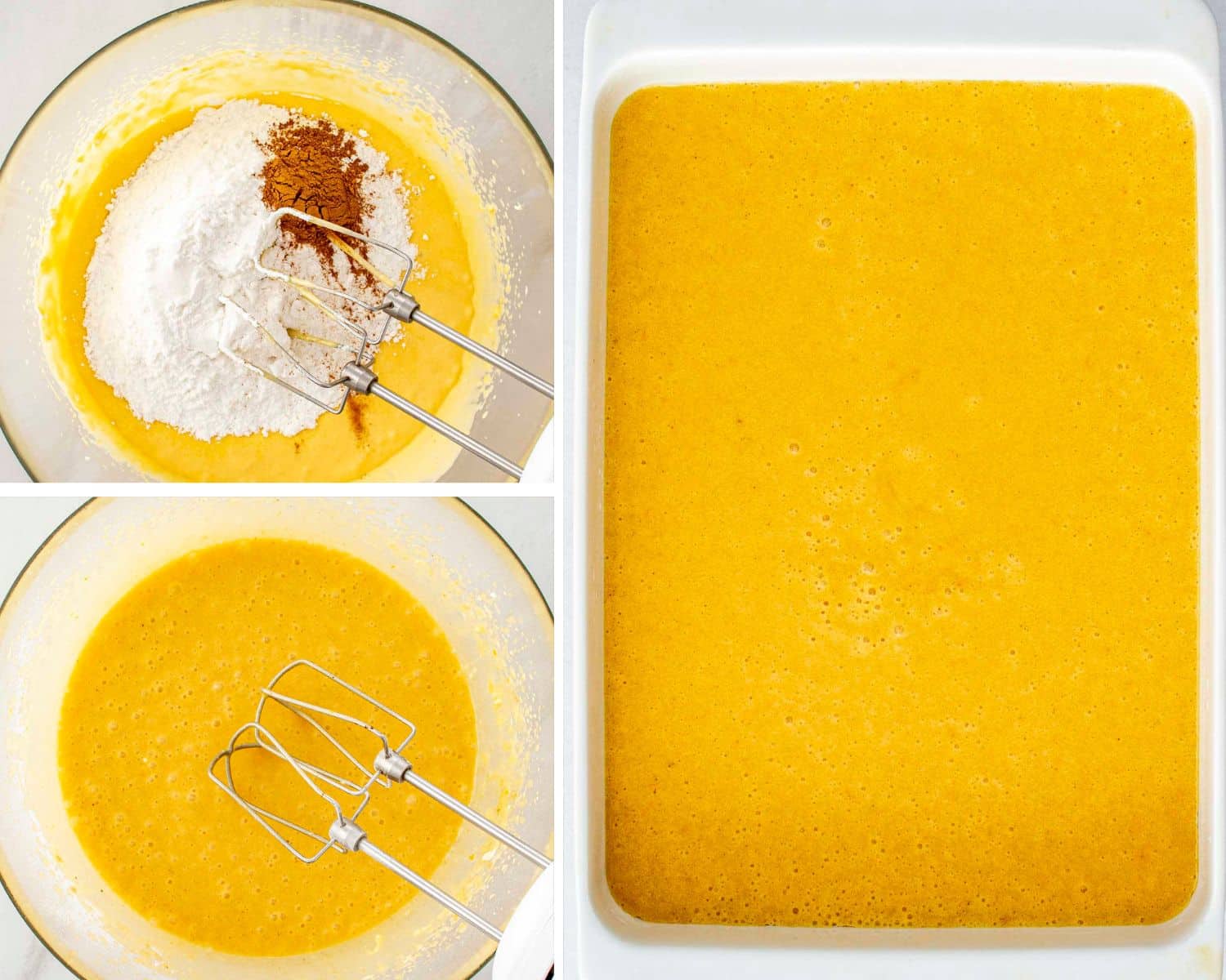 process shots showing how to make pumpkin pecan gooey cake.
