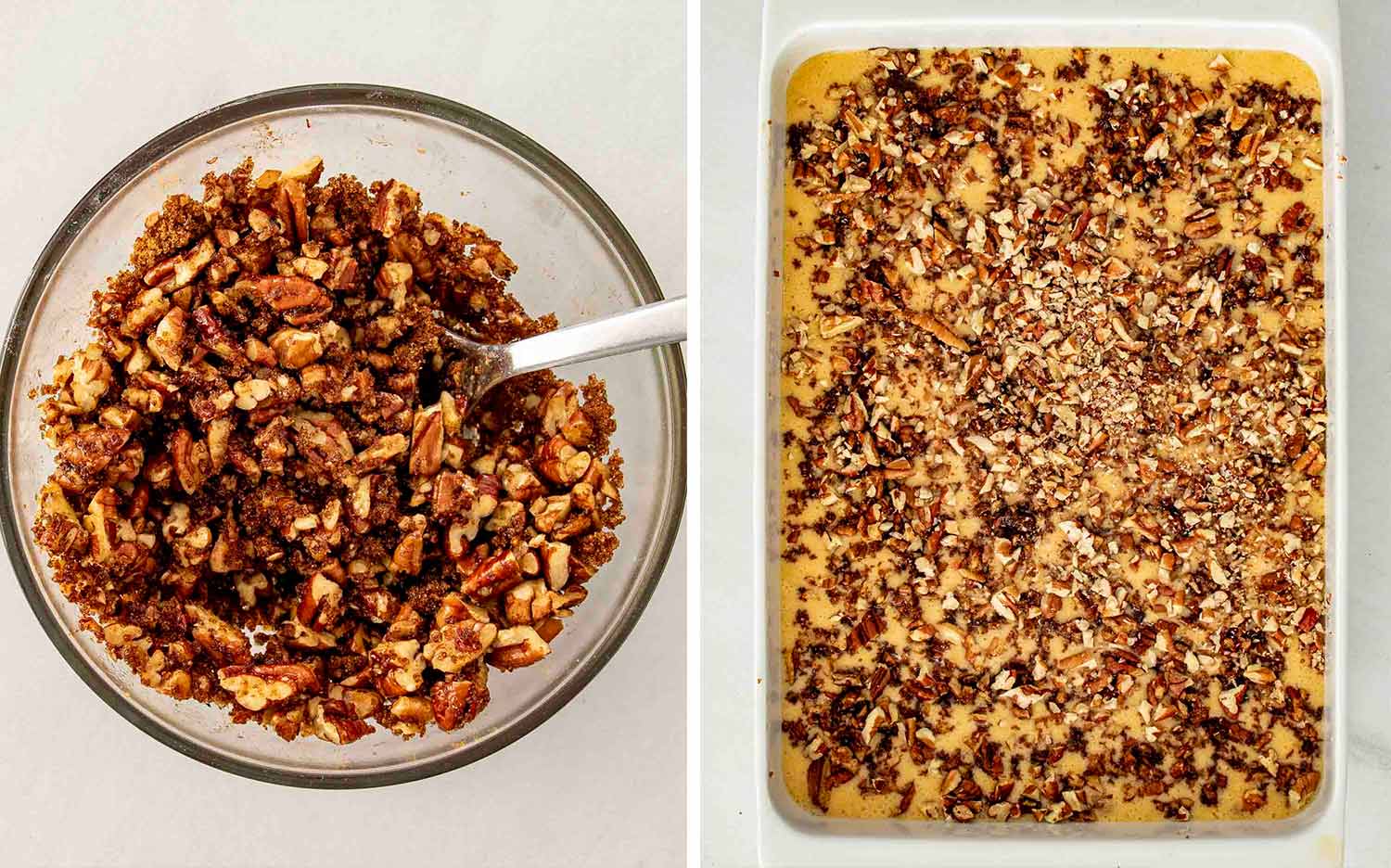 process shots showing how to make pumpkin pecan gooey cake.