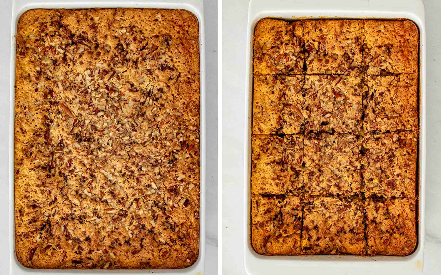 process shots showing how to make pumpkin pecan gooey cake.