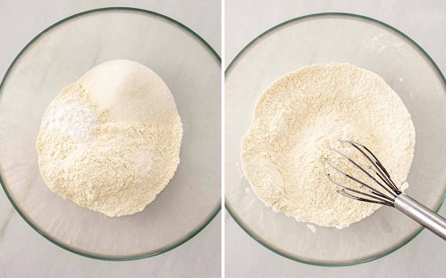 Flour, sugar, baking powder, and salt measured in a bowl, then whisked together to prepare the scone base.