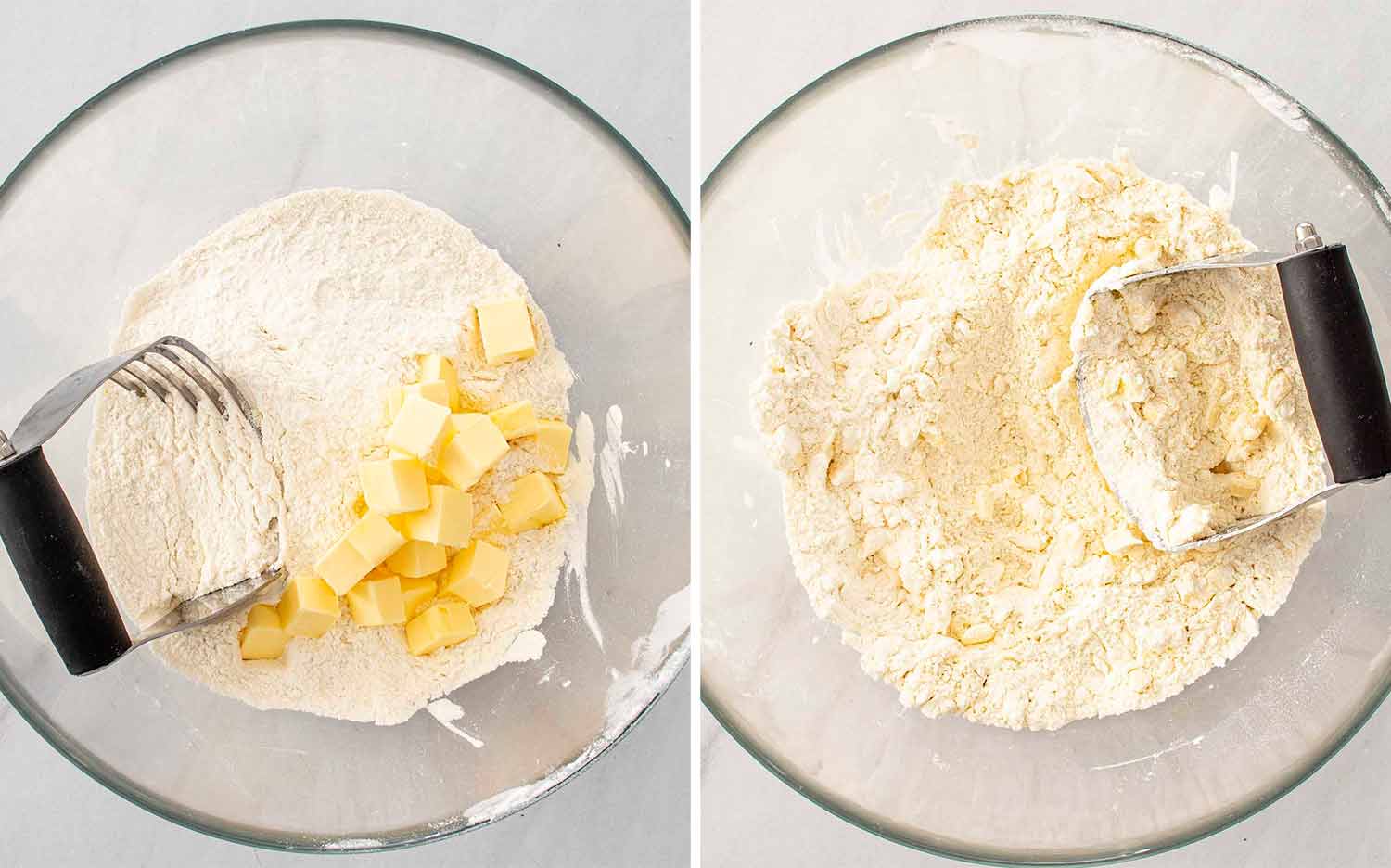 Cold cubed butter cut into the flour with a pastry cutter, creating coarse crumbs essential for flaky scones.