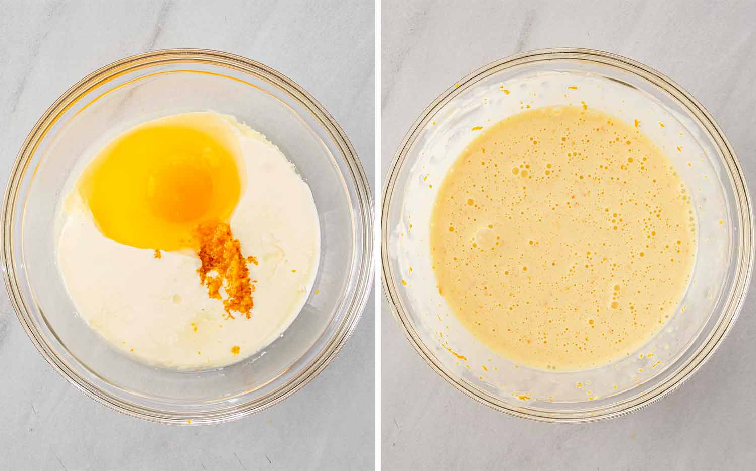Egg, cream, and orange zest in a bowl, then whisked into a smooth, fragrant mixture for cranberry orange scones.