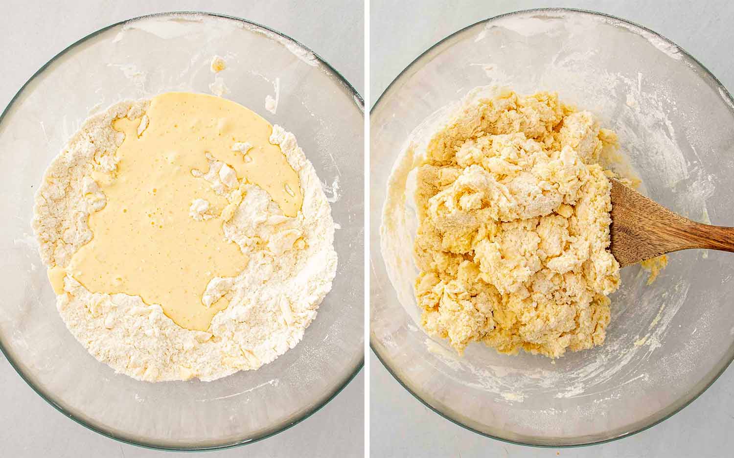 Cream, egg, and orange zest poured into the flour mixture, then stirred into a soft, shaggy scone dough.