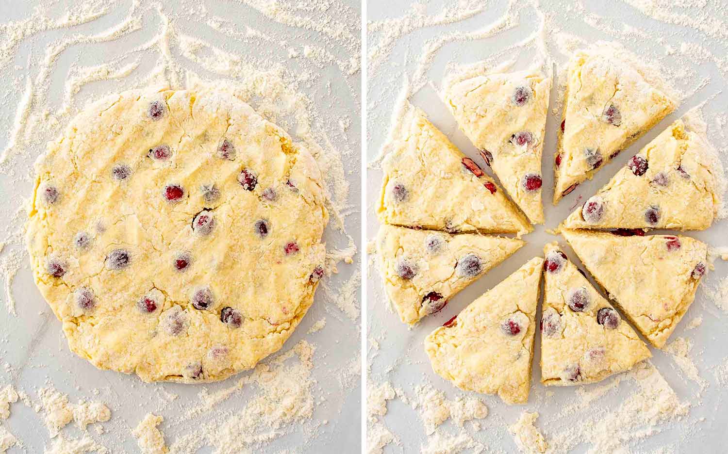 Cranberry-studded scone dough shaped into a thick disk, then sliced into eight even wedges ready for baking.
