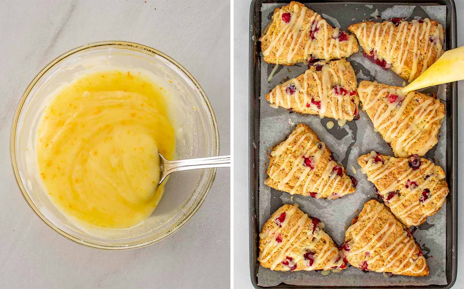 A bowl of fresh orange glaze beside warm cranberry orange scones on a baking sheet, drizzled generously for a bright finish.