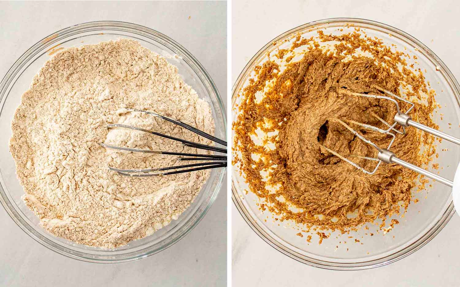 Dry ingredients being added to molasses cookie dough mixture in glass bowl using electric mixer.