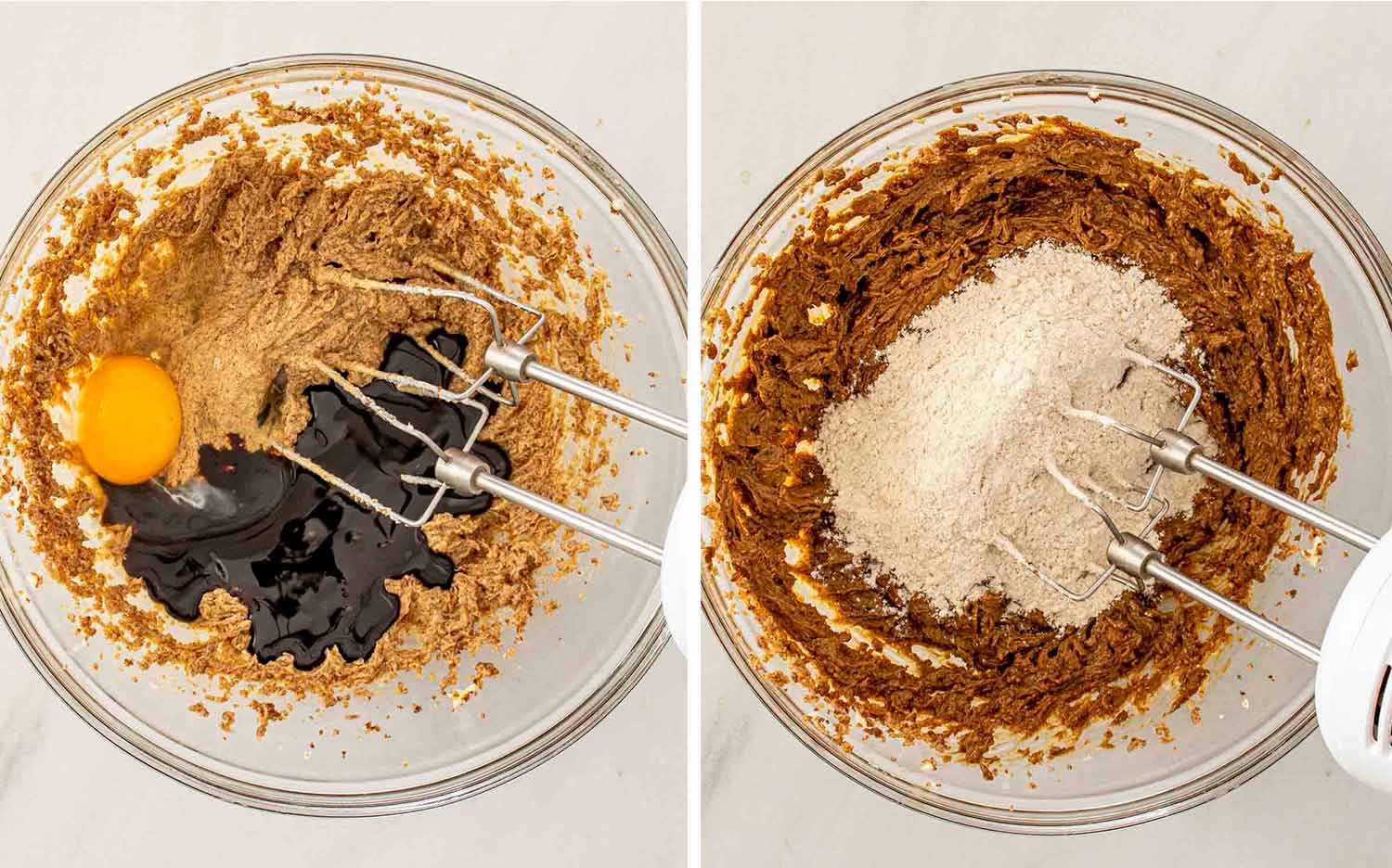 Molasses, egg, and butter being mixed together in a bowl to form the base for ginger molasses cookie dough.