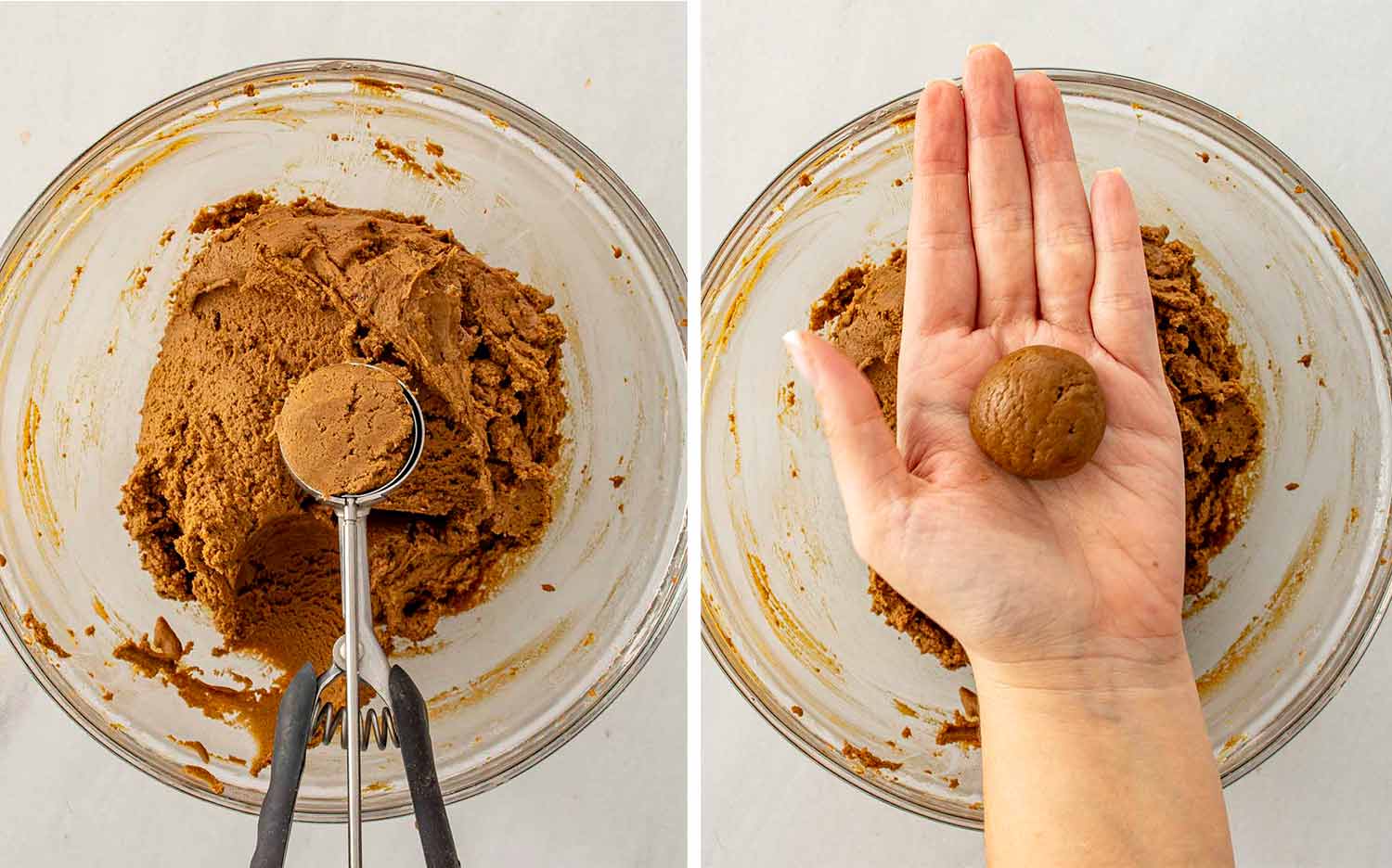 Scooping ginger molasses cookie dough and rolling it into smooth balls before chilling and baking.