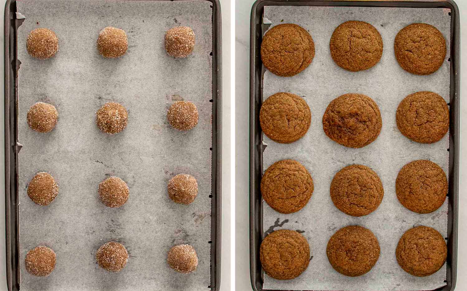 Ginger molasses cookie dough balls before baking and baked cookies after baking on parchment-lined baking sheet.