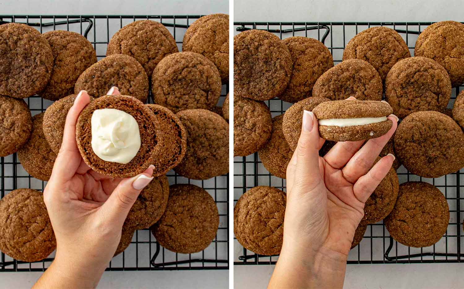 Hand holding soft ginger molasses cookie topped with cream cheese filling, surrounded by baked cookies on cooling rack.