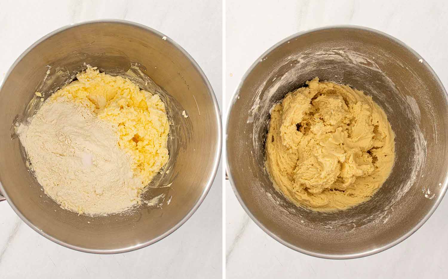 Cream cheese, butter, flour and salt coming together in a mixing bowl to form soft, smooth Kolaczki cookie dough.