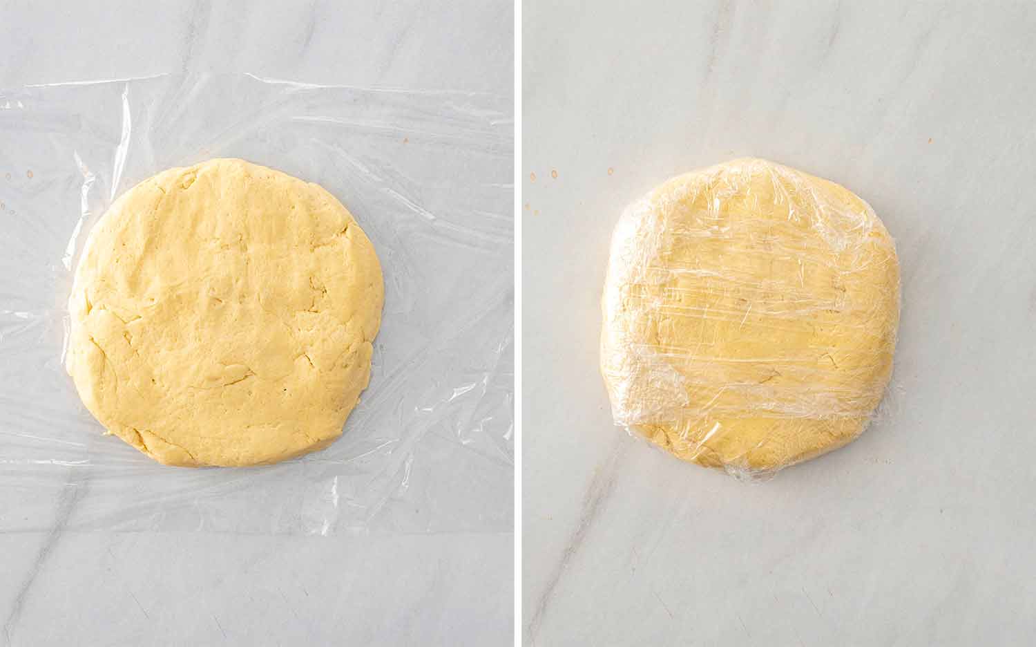 Kolaczki dough shaped into a disc, shown before and after wrapping in plastic wrap for chilling before rolling out.